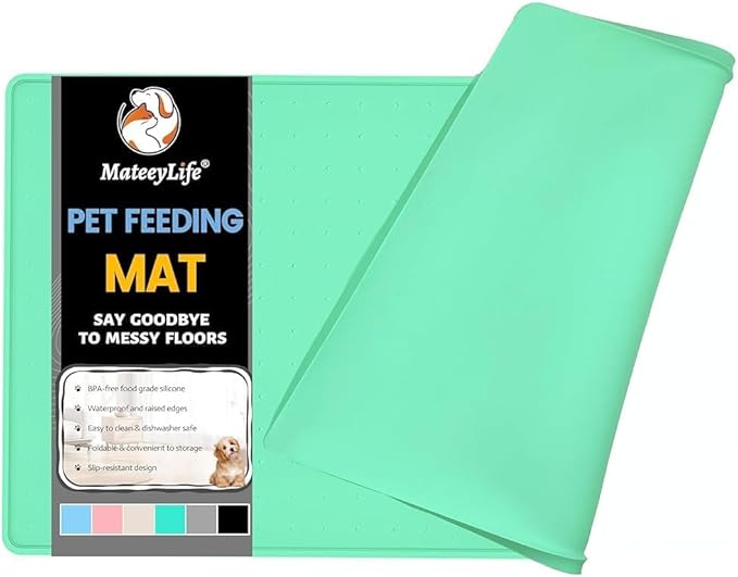 MateeyLife Dog & Cat Food Mat - Waterproof, Nonslip, Raised Edges, Silicone Tray for Messy Drinkers, 24"x16", Mint Green