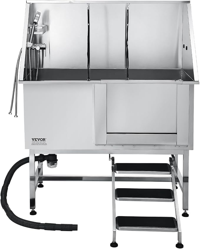 VEVOR Stainless Steel Dog Washing Station, Professional 50 inch Pet Grooming Tub w/Stairs, PE Water Filter Board, Faucet & Showerhead & Soap Holder Bathtub for Large & Medium & Small Pets (Left Door)