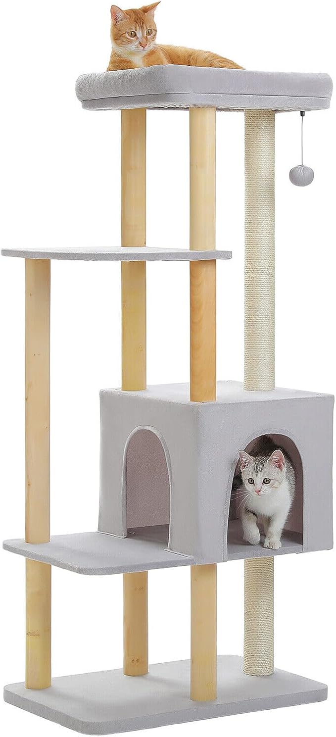 PAWZ Road Large Cat Tree, 53 Inches Modern Wooden Cat Tower for Indoor Cats, Multi-Level Cat Condos with Long Scratching Posts and Natural Wood Posts,Gray