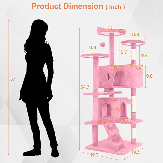 54.7 inches Cat Tower for Indoor Cats, Multi-Level Cat Condos with Scratching Posts, Hanging Toys, Pink