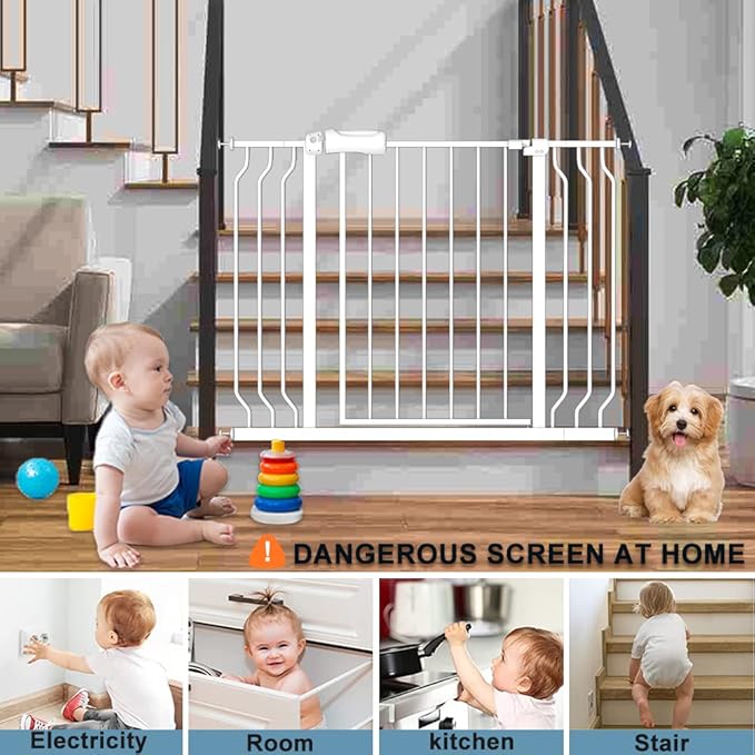 Safety Baby Gates for Doorway Stairs 43.5-48 Inch Extra Wide Child Gate for Kid Pet Dog Gate Indoor Pressure Mounted No Drill Baby Gate White
