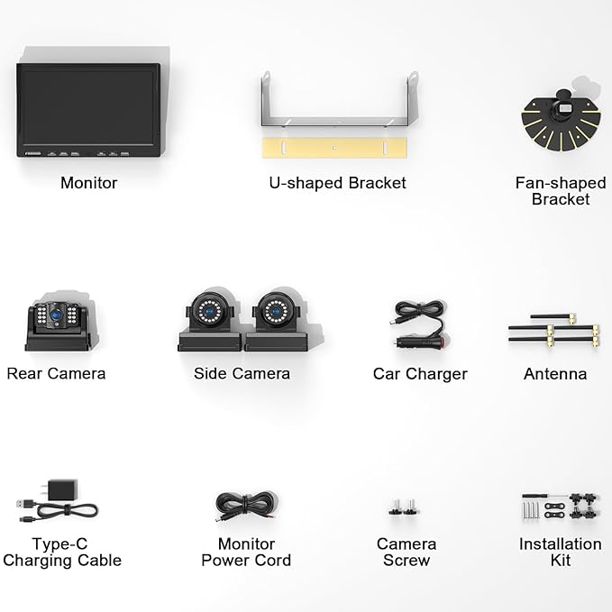 Fookoo HD 10" Magnetic Wireless Backup Camera,10" IPS Split Screen Monitor, Rechargeable 2 Side View 1 Rear View Cameras,Low Consumption 1-Min Install No Drilling Recording for Trailer Truck DCX103