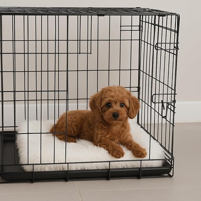 IHAPPYDOG Luxury Faux Fur Orthopedic Dog Beds, Memory Foam Crate Bed for Small, Medium, Large and XL Pets, Fluffy Pet Bed with Waterproof and Washable Cover, Fits Crates (White, 23"x18")