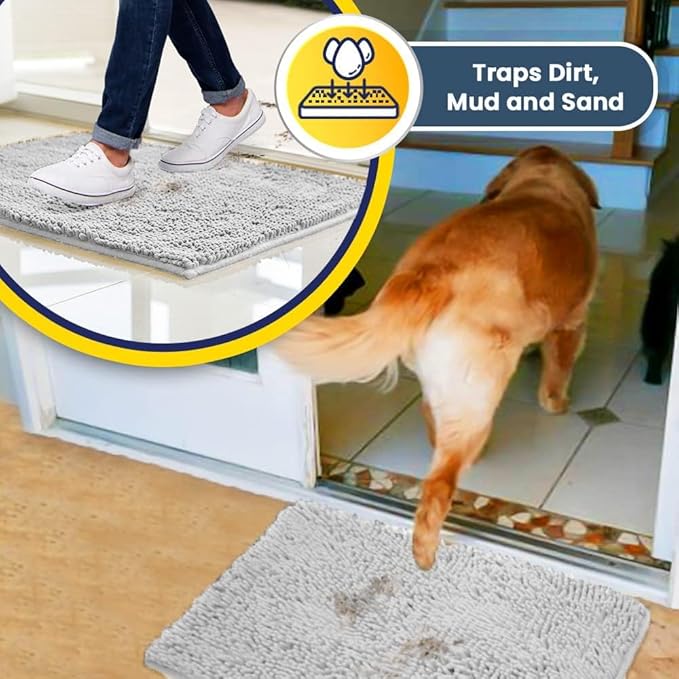 Muddy Mat® Shown on TV – Super Absorbent Microfiber Dog Door Mat for Muddy Paws, Non-Slip Washable Pet Rug, Quick Dry Chenille Entryway Carpet, Machine Washable Indoor Outdoor Doormat, White 59"x35"