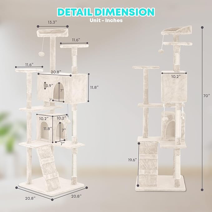 FDW Cat Tree 70in Cat Tower Multi-Level Durable Cat Scratching Post & Cozy Fun Cat Jumping Platform Space Saving Cat Condo Pet Play House for Indoor Cats,Beige