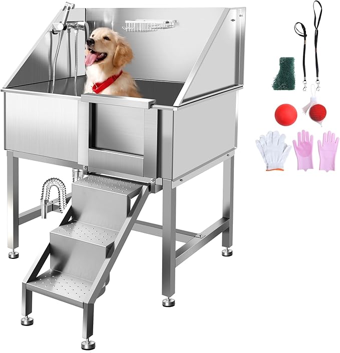 38" Dog Bathing Station, Professional Dog Washing Station Stainless Steel Dog Grooming Tub for Home,Equipped with Three Anti-Slip Steps, Removable Door, Pet Wash Station for Pet,R-RAMP