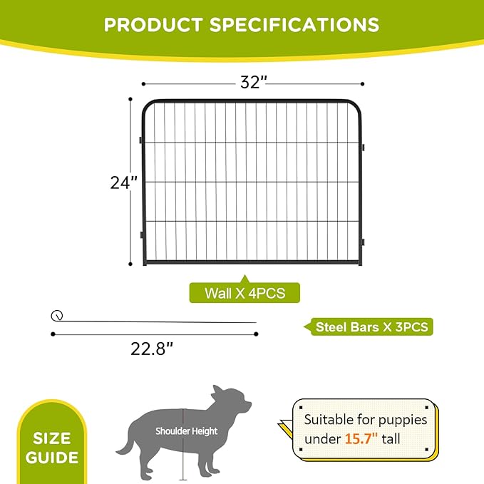 BestPet | Dog Playpen Extender | 24 Inch, 4 Panels | Heavy Duty Metal Pet Exercise Pen | Indoor Outdoor Fence Panels | Rust-Resistant, Removable, Tool-Free Setup | Anti-Skid, Expandable Design