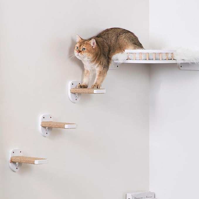 3pcs Wall Mounted Cat Steps, Climbing Furniture, Shelves With Hemp Rope Covered, Solid Wood Ladder for Playing and Climbing (Standard-White)