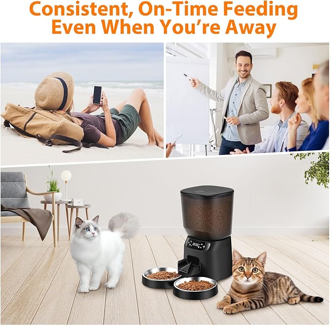 Automatic Cat Feeders for Two Cats, 5L/20 Cups Double Automatic Cat Food Dispenser with 2 Stainless Bowls, Timer Setting 20 Portions 6 Meals Per Day, 10s Meal Call, Pet Feeder for Dog (Black)
