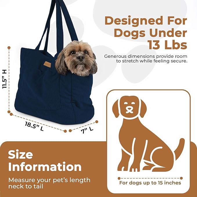 Corduroy Dog Carrier - Lightweight Cotton Soft-Sided Pet Tote with Safety Harness Clip - Breathable Travel Carrier for Small Dogs and Puppies (Dark Blue)