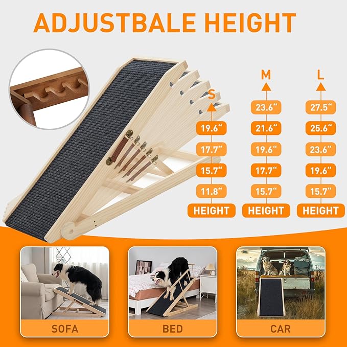 Dog Ramp for Bed Couch - Pet Steps Stairs to Get on Bed Couch 15.7"-23.6" High for Small or Large Dog Up to 200 lbs, Adjustable Wooden Dog Ramp Steps Foldable Portable, Anti-Slip Carpet (Black)
