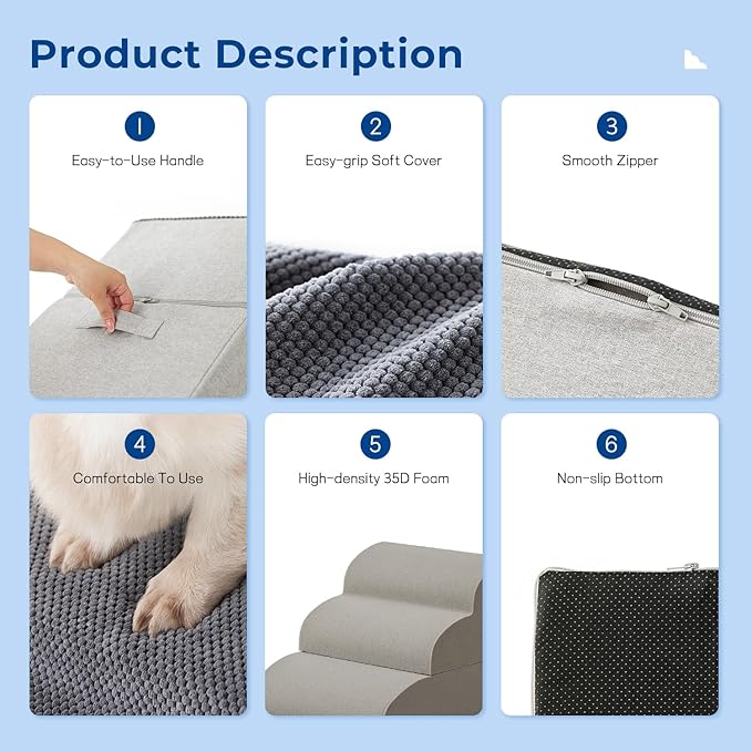 Dog Stairs Ramp for Bed 19.7" H - Pet Stairs for Small to Medium Dogs to Get on Bed and Couch, 35D Foam Dog Steps with Non-Slip Bottom Grey, 4 Steps