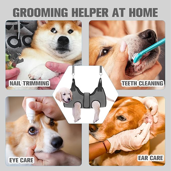 PAWCHIE Dog Grooming Hammock Harness for Dogs & Cats with Pet Nail Clipper Trimmer- Breathable Cat Hanger Sling for Trimming Clipping Nails-Dog Hammock Restraint Bag for Small Medium Large Dog, Grey S