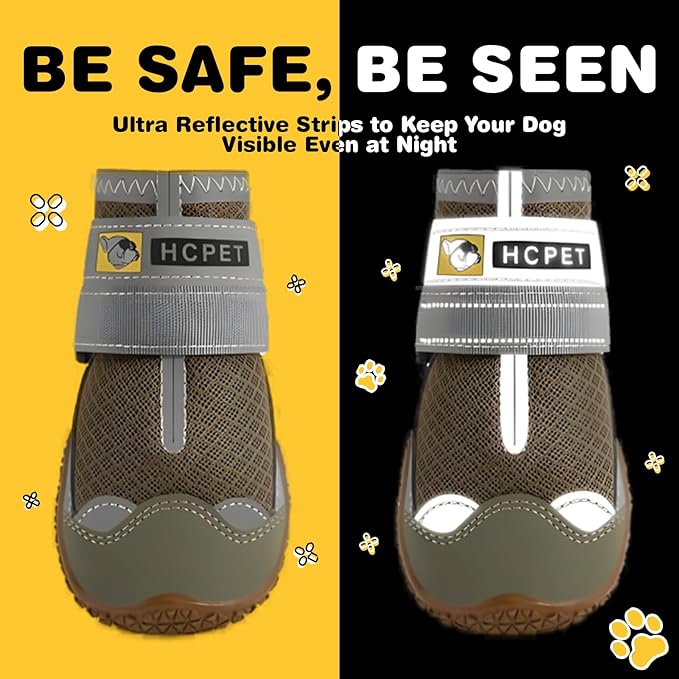 Hcpet Dog Shoes for Large Dogs, Breathable Dog Booties for Small Medium Dogs, Anti-Slip Dog Boots & Paw Protectors for Hot Pavement Winter Snow Hiking with Reflective Straps Army Green Size 1