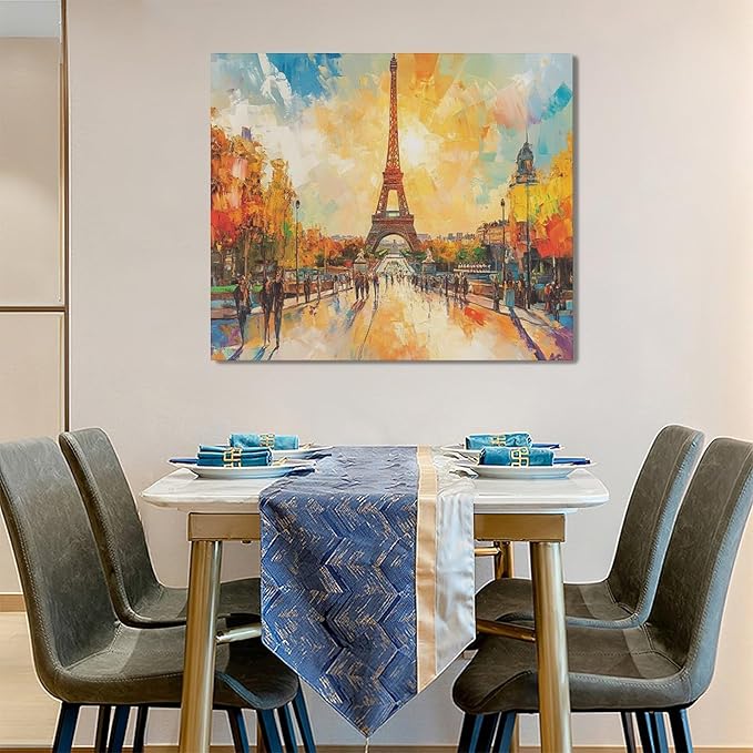 Framed Large Eiffel Tower Wall Art for Living Room, Oversized Paris City Street Landscape Wall Decor, Colorful Sunrise Canvas Painting Modern Artwork for Living Room Bedroom Office 60"x30"