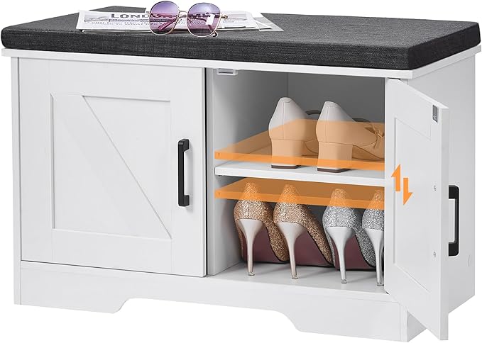 2-Tier Storage Bench, Shoe Bench with Padded Seat Cushion, Entryway Bench with 2 Barn Doors, Adjustable Shelf, 13.8" D x 27.6" W x 17.7" H, for Entryway, Living Room, Bedroom, White