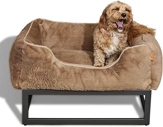 FUZI Luxury Aesthetic Dog Bed for Small Dogs with Washable Cover, Pet Couch, Pet Bed with Sides, Non-Slip Bottom, Soft and Durable Calming Dog Bed, Faux Rabbit Fur, Small 25.1x16.75x9.5 Light Brown