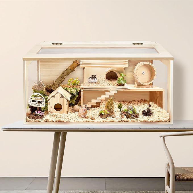 Prolee Hamster Cage Chewproof Wood, Mice and Rat Habitat Openable Top with Acrylic Sheets Solid Built, Small Animal Cage, 40 Inch Length