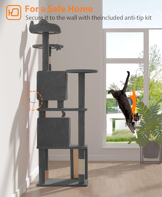 77'' Cat Tree Tower for Indoor Cats Large Adult, Cute/Tall Modern Cat Tree for Big Cats 20 lbs, Plush Multi-Level Cat Condo with Scratching Posts, Dangling Ball (Smoky Gray, 77 inch)