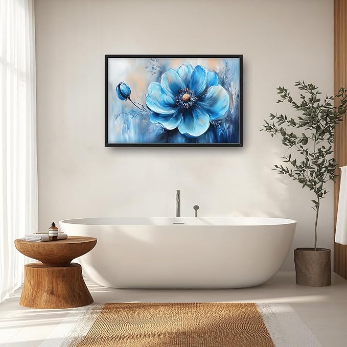 Extra Large Abstract Blue Flower Framed Wall Art for Living Room,Oversized Elegant Floral Pictures Wall Decor,Canvas Print Painting Modern Artwork Bedroom Office Bathroom 36L" x 24W"