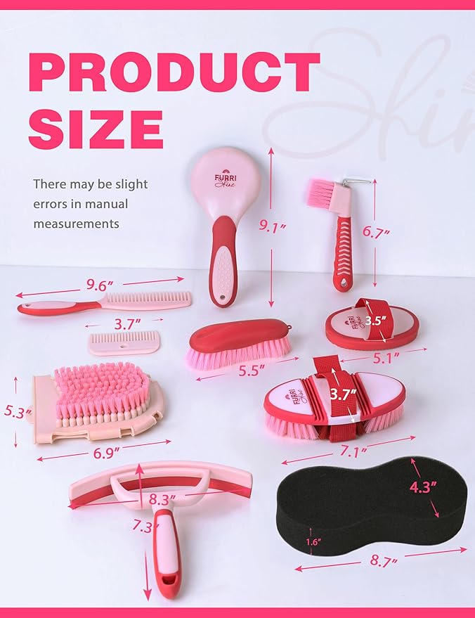 11PCS Horse Grooming Kit Curry Comb Sweat Scraper Horse Bathing Supplies Grooming Tools with Storage Bag Pink Garnet