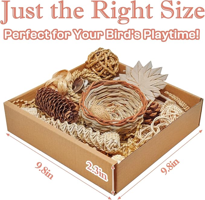 Natural Bird Foraging & Shredding Toys Box - Handmade Rattan Chewing Toys for Parakeets, Cockatiels, Conures, Lovebirds & Small to Medium Birds