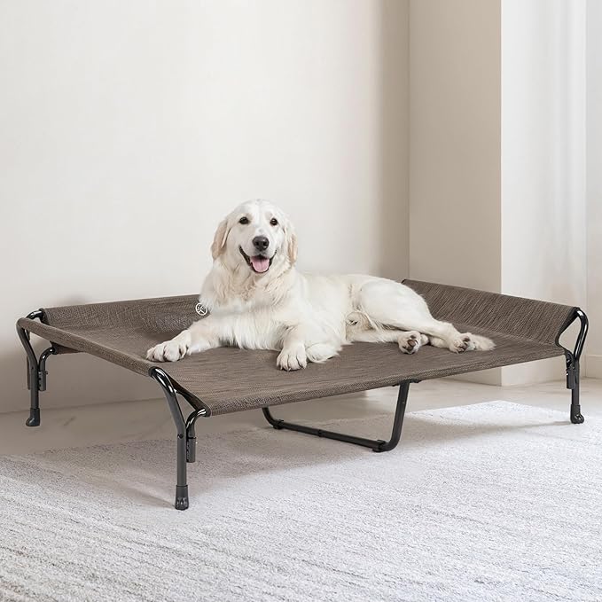 Veehoo Cooling Elevated Dog Bed, XL Raised Pet Cot with Guardrail & Slope Headrest, Durable Breathable Teslin Mesh, Non-Slip Feet, Washable Dog Couch Bed for Indoor & Outdoor, 50.5" x 33.5, Brown