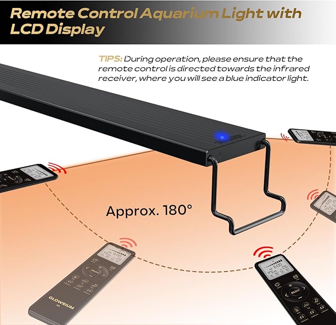 GLOWRIUM LED Aquarium Light with Remote, Full Spectrum Fish Tank Light with Auto Timer, IP67 Waterproof Freshwater Planted Tank Light, Dimmable RGB+W+Moon LEDs with High Performance (23W 30-35inch)