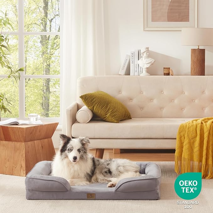 Bedfolks Orthopedic Dog Bed, Big Waterproof Dog Sofa Bed for Large Dogs, Egg Foam Pet Couch Bed with Removable Washable Cover and Nonslip Bottom, Light Grey
