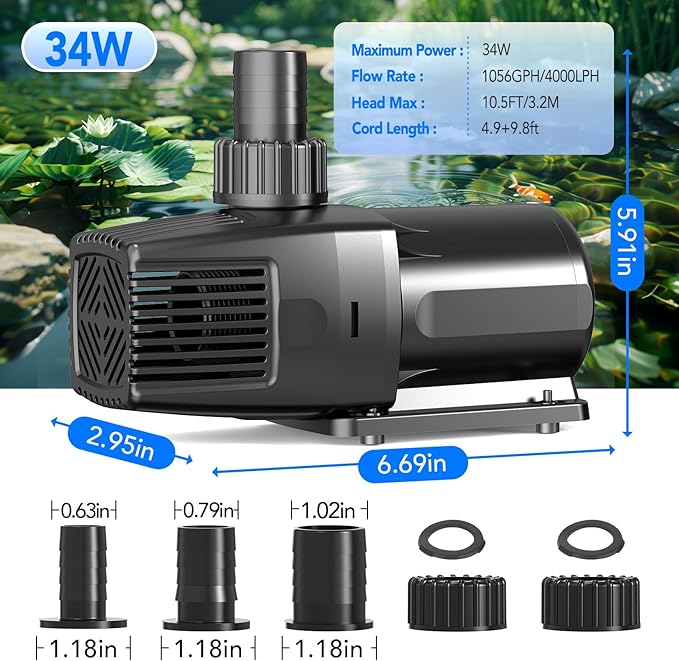 hygger 24V DC Adjustable Aquarium Water Pump & Wavemaker,30dB Quiet Return Pump,10-Speed Flow Control, Dry Run Anti-Block Protection for Freshwater Saltwater Ponds Fountains(34W,1056GPH/4000LPH)