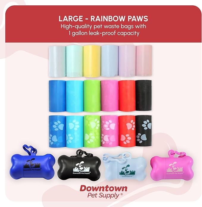 Downtown Pet Supply Rainbow Paw Print Poop Bags (2200 CT & 2 Dispensers) - Leak-Proof, Unscented, Clips to Leashes & Harnesses
