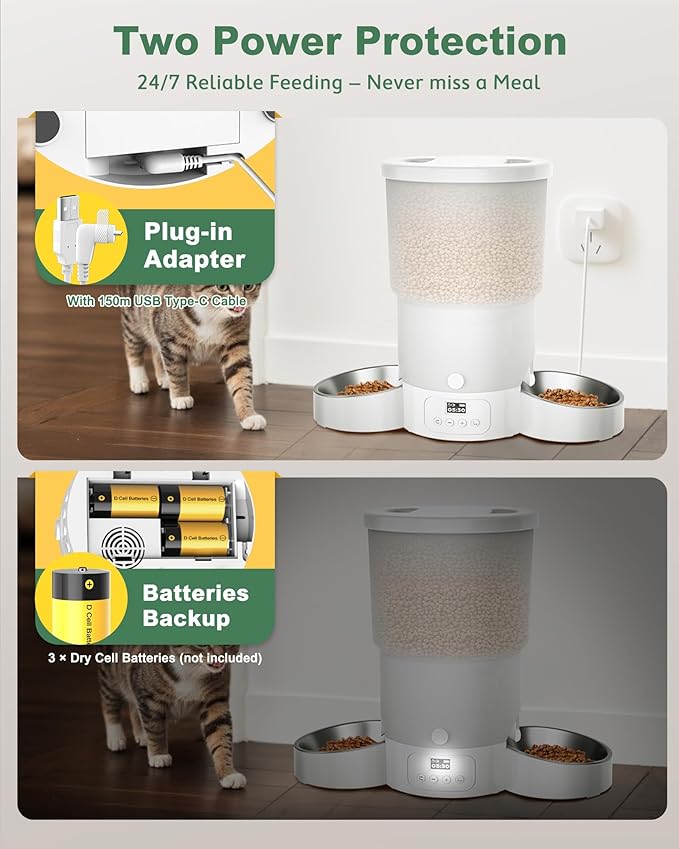 Gimars 5L Automatic Cat Feeder for 2 Cats, Programmable 1-6 Meals Cat Food Dispenser with Stainless Steel Bowl, Easy Setup, Dual Power Supply,10s Meal Call Timed Pet Feeder for Cats and Small Dogs