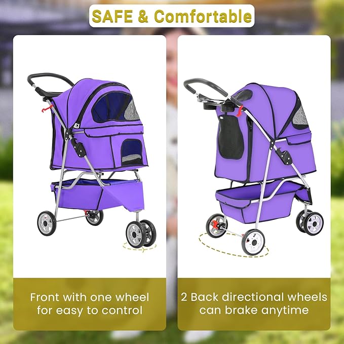 Foldable Pet Stroller,Dog Stroller with 3 Wheel,Pet Strolling Cart,Dog Travel Carrier with Storage Basket and Cup Holder for Dog Puppy,Purple