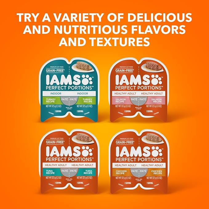 IAMS Perfect Portions Healthy Adult Grain Free Wet Cat Food Pate, Chicken Recipe, 2.6 oz. Easy Peel Twin-Pack Trays (24 Count, 48 Servings)