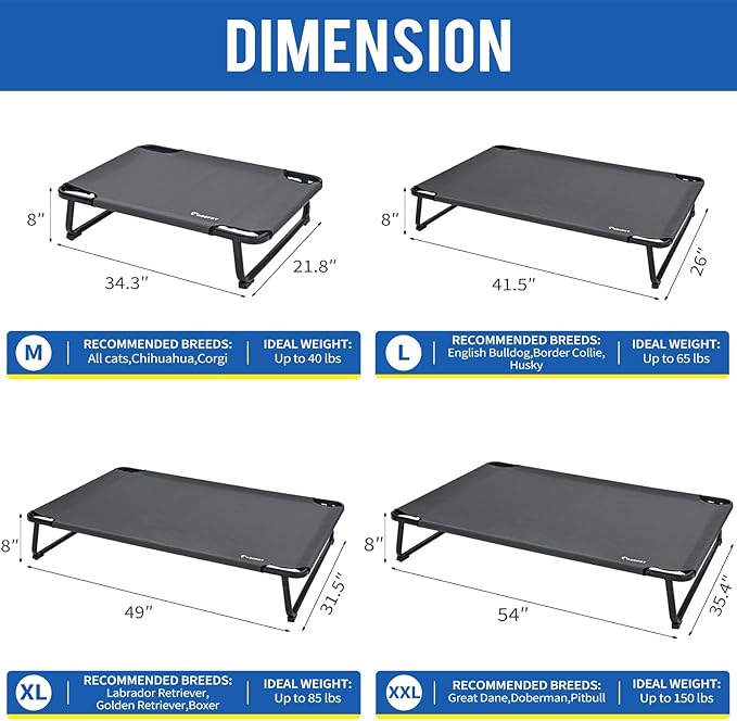 Elevated Dog Beds Extra Large Raised Dog Cots Outdoor Dog Bed Waterproof Pet Cots Stable and Easy Assembly, Teslin Fabric with 1.2mm Thick Iron Frame, Breathable, Ultra-Sturdy,Grey, 54*37*8.7