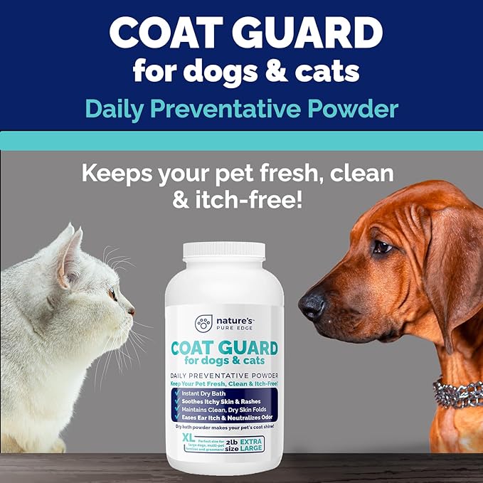 Coat Guard Dry Shampoo for Dogs and Cats - Extra Large 2 lbs Jar, Dog Dry Shampoo Powder, Waterless Dog Shampoo, Anti Itch Relief, Cedar Scented, Anti Dandruff, Hot Spots, Nature's Pure Edge