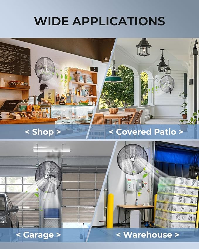 30 inch Wall Mount Fan Oscillating, 3-Speed 8850 CFM High Velocity Industrial Wall Mounted Fan, Heavy Duty Air Circulator for Garage, Shop, Gym, Workshop, Covered Patio - UL Listed