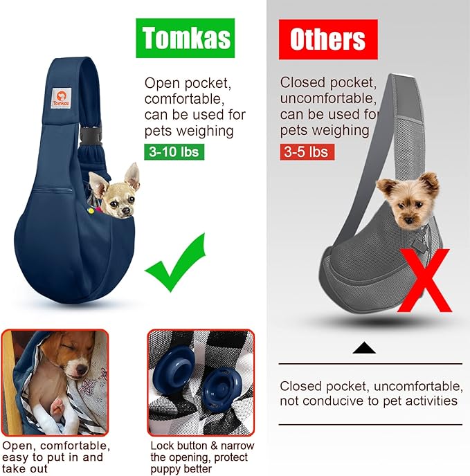 Tomkas Small Dog Sling Carrier - Zipper Pocket & Adjustable Strap - for 3-10 lbs Pets(Dark Blue)