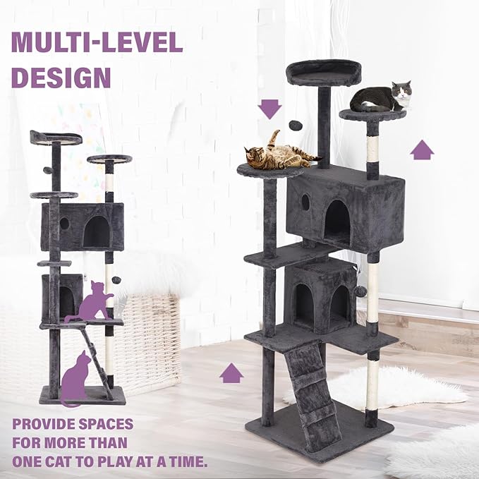 70 inches Cat Tower for Indoor Cats Multi-Level Cat Condos for XL Cat Tree Cat Climbing Tower with Scratching Posts, Hanging Toys,Light Gray