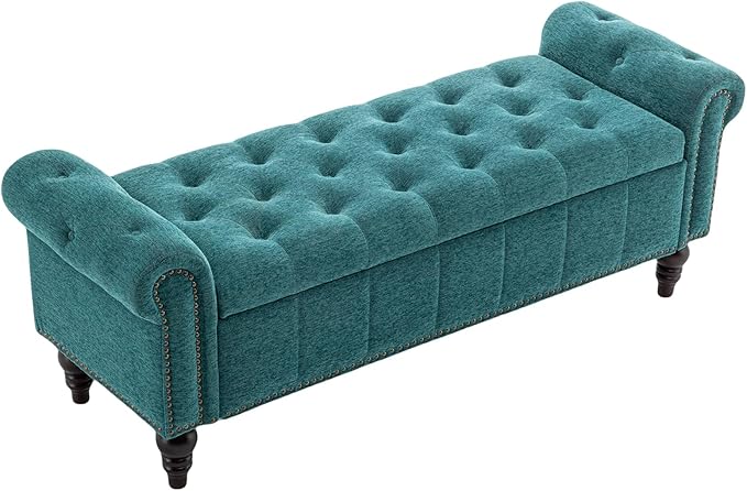 58’’ Storage Bench for Bedroom, Upholstered Button-Tufted Ottoman with Solid Wood Legs, Queen Size End of Bed Shoe Cabinet, Window Seat Foot Rest Stool for Entryway, Living Room (Teal)