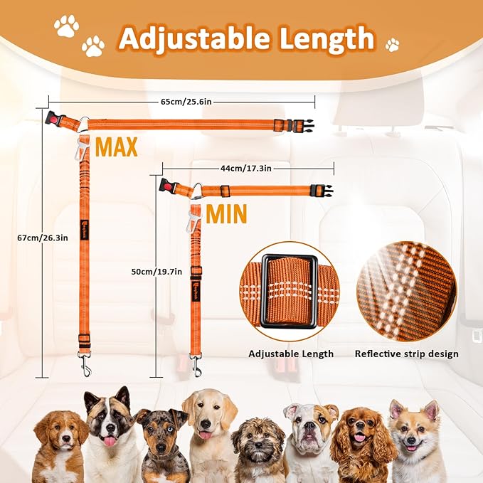 Removable Dog Seat Belt Harness for Car, 3 in 1 Pet Dog Car Seatbelt Leash, Retractable Restraint Secures to Vehicle Headrest & Adjustable Reflective Bungee Dog Seatbelt Tether,Orange