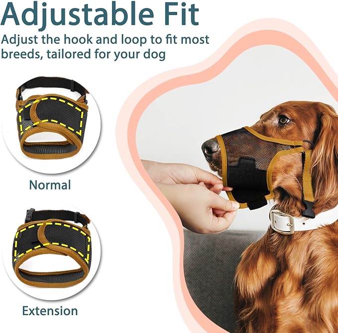 LUCKYPAW Dog Muzzle, Mesh Muzzle for Large Medium Small Dogs, Soft Mouth Guard for Biting Chewing, Breathable Mouth Guard with Adjustable Strap for Training(Brown, L(Snout:9.75"-11"))