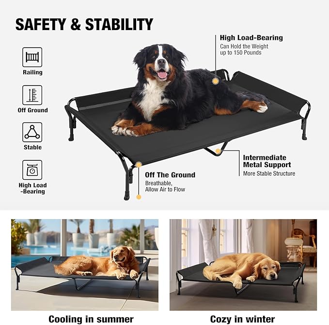 Veehoo Cooling Elevated Dog Bed, Guardrail Raised Pet Cot, Indoor & Outdoor XXL Pet Bed with Washable & Breathable Teslin Mesh, Non-Slip Feet, Dog Couch Bed, 62.5" x 37", Black