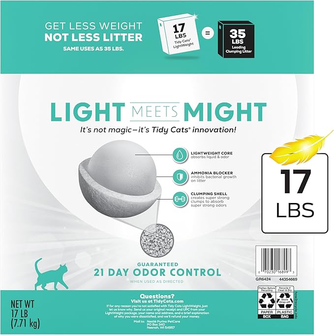 Purina Tidy Cats LightWeight Free and Clean Unscented, Multi-Cat, Clumping, 99.9 Percent Dust Free Cat Litter - 17 lb. Box