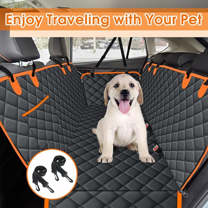 Dog Car Seat Cover, Durable Waterproof Scratch Proof Nonslip Dog Hammock, Back Seat Covers with Pocket for Cars SUVs and Trucks - S, Black/Orange