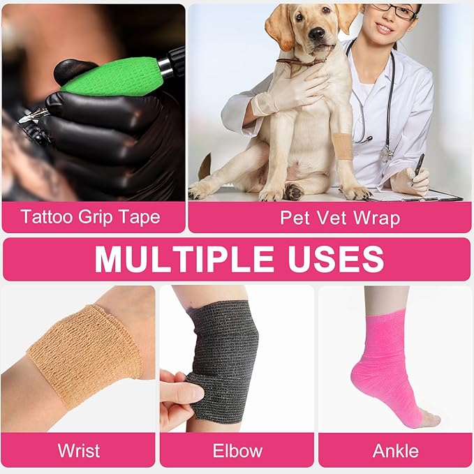 24 Pack Pink Self Adhesive Bandage Wrap, 2” x 5 Yards Cohesive Vet Wrap Elastic Athletic Tape Grip Tape Sports Tape for Ankle, Wrist Sprains, Medical, Pet First Aid (Pink, 2 Inch)