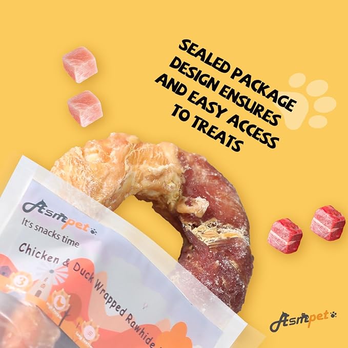 ASMPET Dog Treats Chews, Chicken & Duck Wrapped Rawhide Donuts Dental Care Chews for Small Medium Large Breed Aggressive Chewers (Pack of 4)