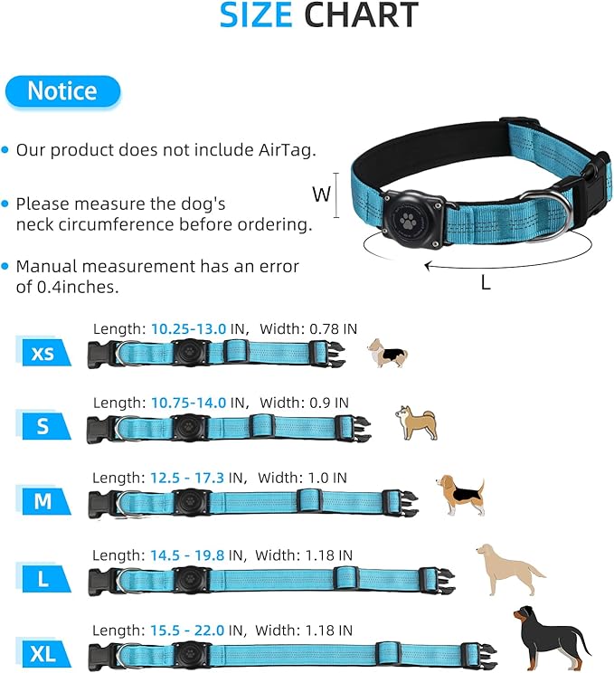 Upgraded AirTag Dog Collar, IP68 Waterproof Air Tag Dog Collar Holder, Reflective, Ultra-Durable, Comfortable Padded, Heavy Duty Dog Collars for Small Medium Large Dogs (XL (15.6"-22"), Blue)