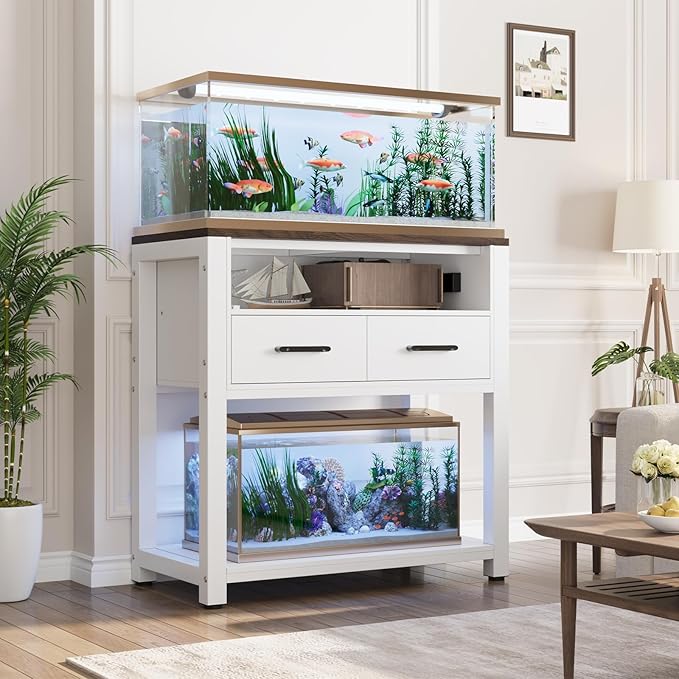 20-29 Gallon Aquarium Stand with Stable Metal Frame & Power Outlet, Heavy-Duty Fish Tank Stand with Waterproof Mat, 550LBS Capacity Storage Cabinet, White+Brown