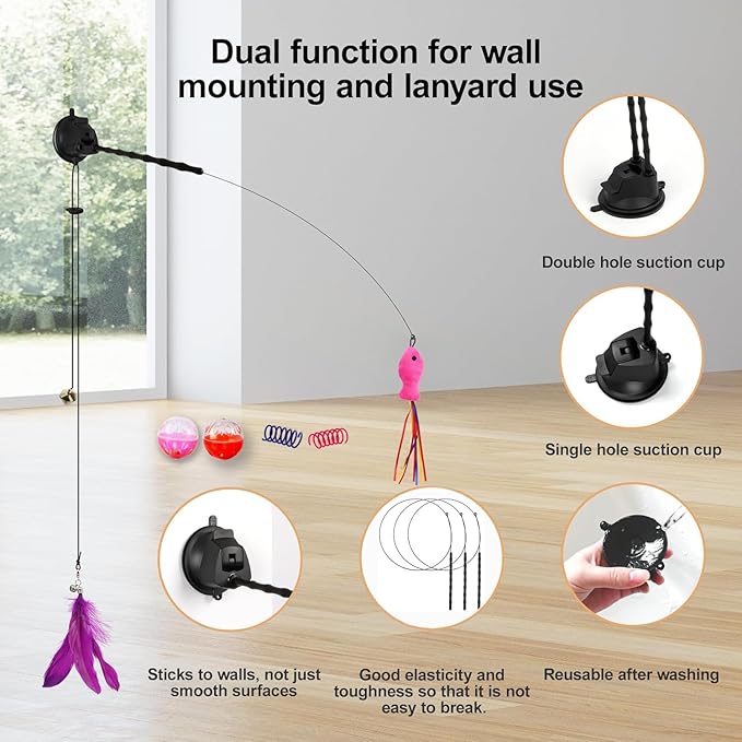 22Pcs 5-in-1 Cat Toys Interactive Cat Toy for Indoor Cats with Sticky Super Suction Cup Detachable Replacements Feathers Balls Mice Spring 3 Wand Hanging Door Kitten Toys